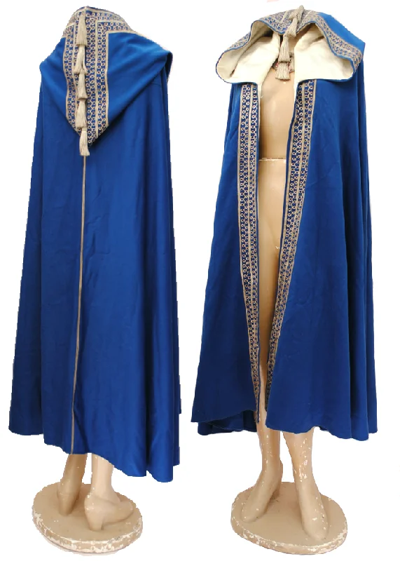 1960s Vintage Blue Cashmere Hooded Cloak | Metallic Embroidery Hoodie with Batwing Sleeves Loose Dramatic 1960s Vintage Blue Cashmere Hooded Cloak | Metallic Embroidery Hoodie with Batwing Sleeves Loose Dramatic