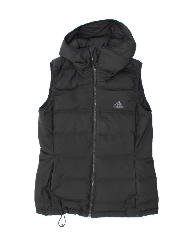 ADIDAS Womens Hooded Padded Gilet UK 12/14 Medium Black Polyester Hoodie with Typography Text Message
