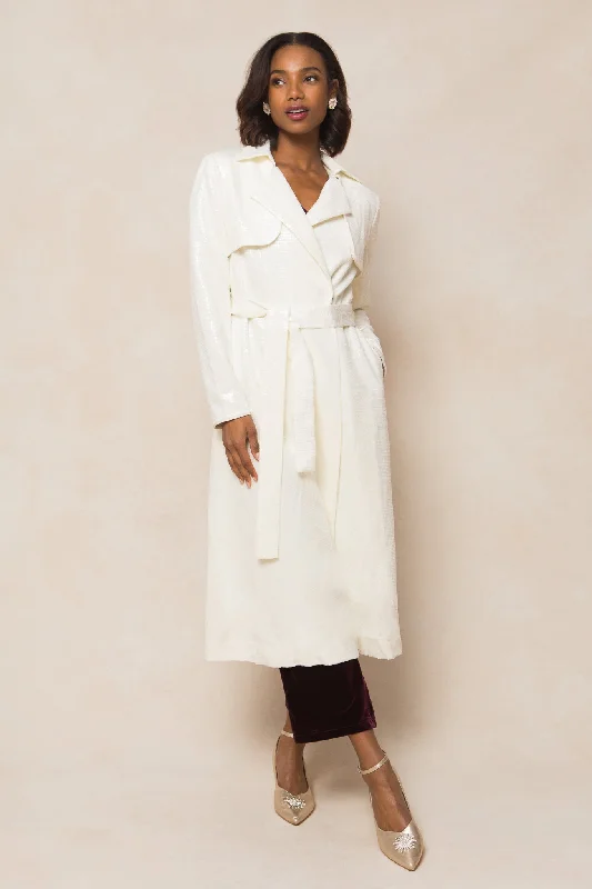 Angelica Trench in White Sequin Chic Hooded Wool Trench