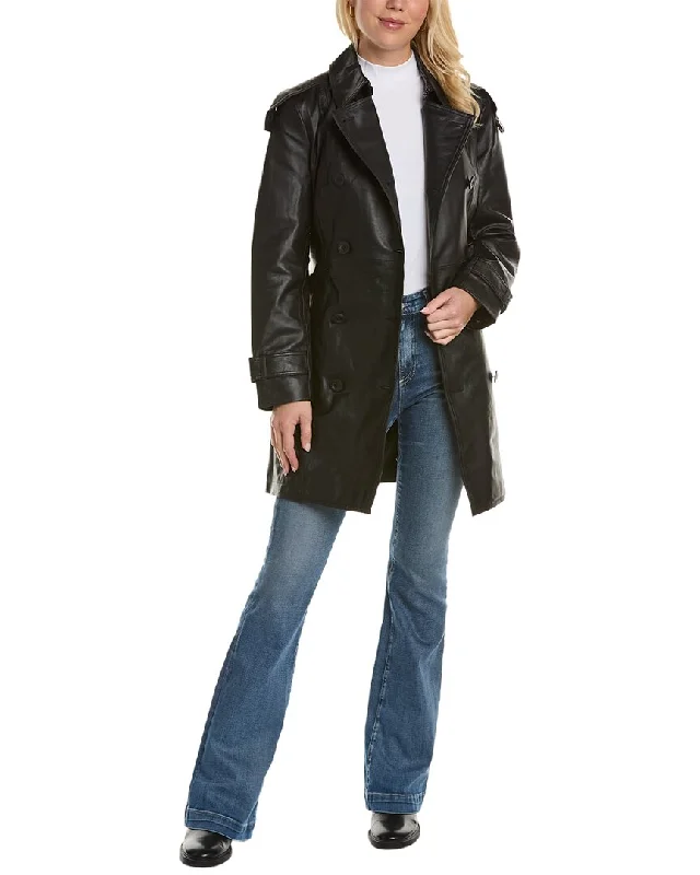 Badgley Mischka Triss Double-Breasted Leather Trench Coat Classic Trench Coat Outerwear Badgley Mischka Triss Double-Breasted Leather Trench Coat Classic Trench Coat Outerwear