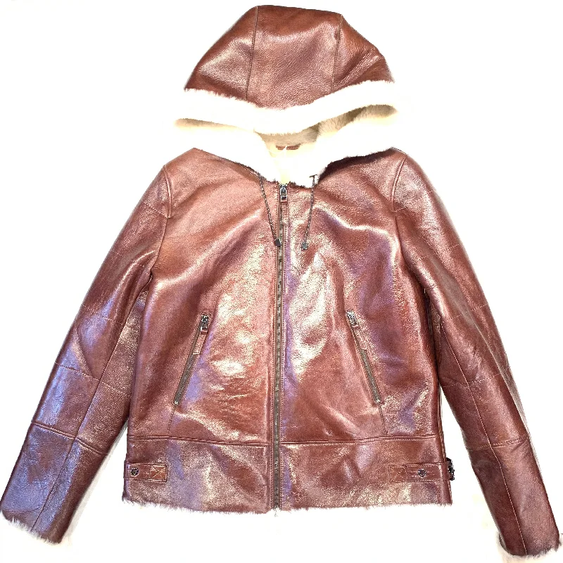 Barya NewYork Ladies Whiskey Lambskin Hooded Shearling Hoodie with Stripes Bold Sporty Barya NewYork Ladies Whiskey Lambskin Hooded Shearling Hoodie with Stripes Bold Sporty