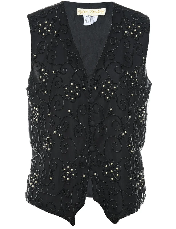 Beaded Black 1990s Waistcoat - L Elegant Cashmere Waistcoat Vest