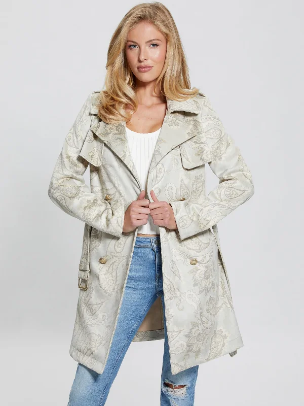 Beige Vilma Suede Trench Coat Elegant Layered Trench Coat