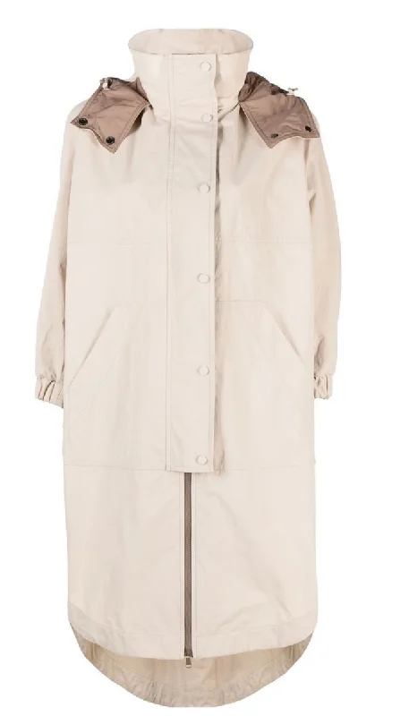 Brunello Cucinelli Women's Hooded Long Sleeved Parka In Soft Stone Hoodie with Metallic Shiny Futuristic Brunello Cucinelli Women's Hooded Long Sleeved Parka In Soft Stone Hoodie with Metallic Shiny Futuristic