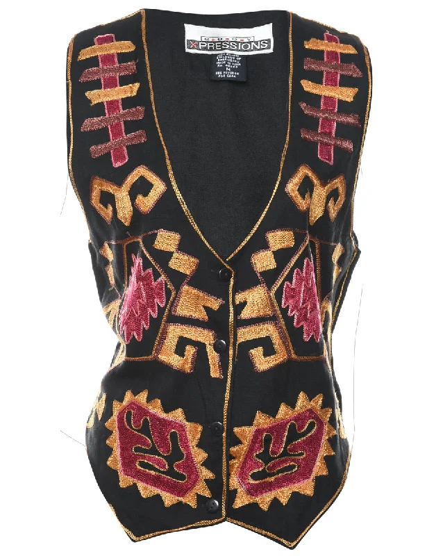 Black Embroidered Waistcoat - M Comfortable Waistcoat with Pockets