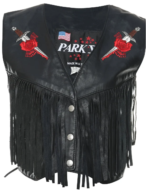 Black & Red Embroidered Fringed Waistcoat - M Classic Trench Waistcoat Jacket