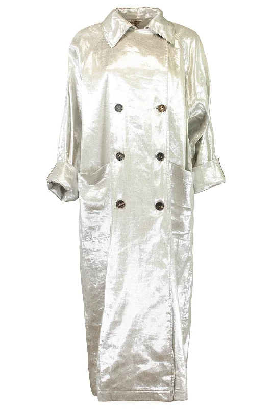 Metallic Double Breasted Long Trench Coat Stylish Single-Breasted Trench Coat