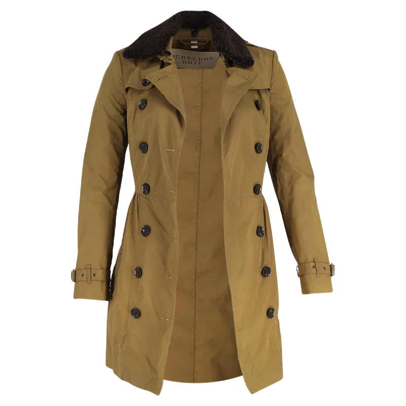 Burberry Brit Long Shearling Collar Trench Coat in Olive Cotton Fashionable Short Trench Jacket Burberry Brit Long Shearling Collar Trench Coat in Olive Cotton Fashionable Short Trench Jacket