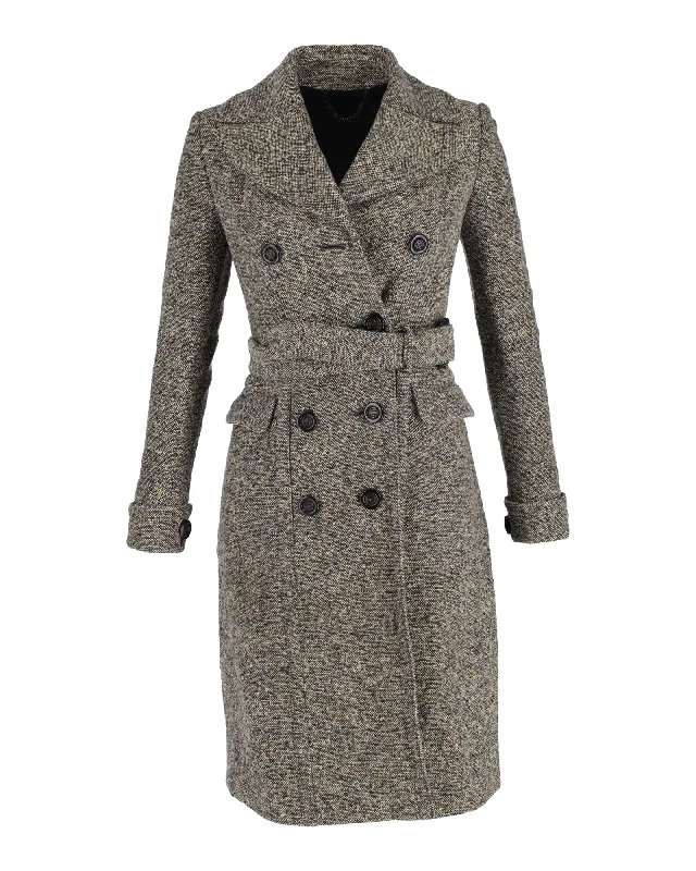 Burberry Double-Breasted Trench Coat in Grey Wool Classic Long Plaid Trench
