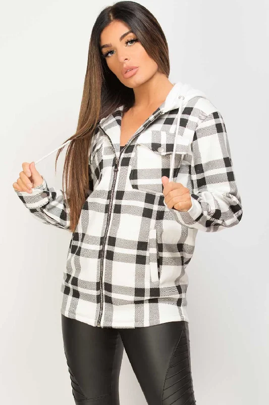 Check Hooded Shacket Black And White Hoodie with Thumb Holes Functional Cozy