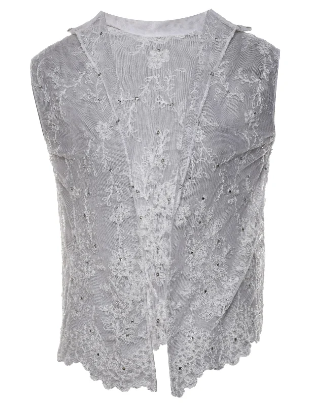 Classic Off-White Lace Embellished Waistcoat - S Stylish Long Waistcoat Vest