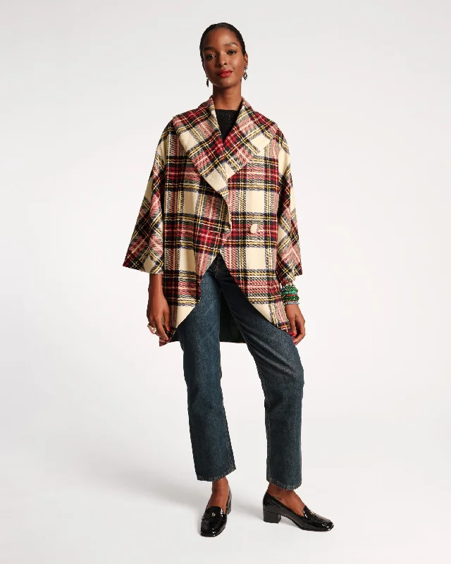 Cocoon Shawl Collar Wool Coat Christmas Plaid Soft Faux Fur Shawl