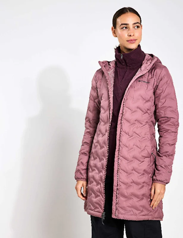 Delta Ridge II Hooded Long Down Puffer - Fig Hoodie with Raw Hem Edgy Unfinished