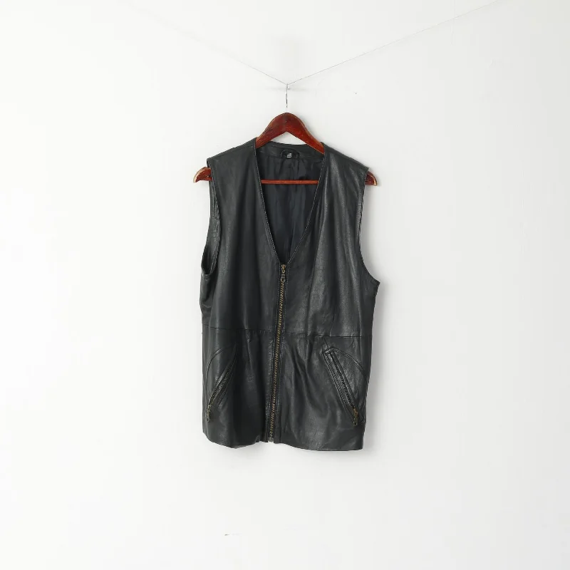 Yessica Women 40 Vest Black Leather Full Zipper Retro Pocket Classic Waistcoat Comfortable Fleece Waistcoat Jacket