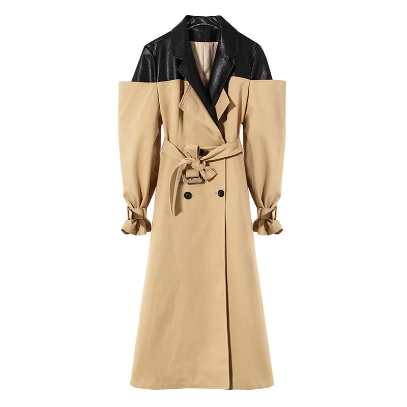 Deconstructed Hybrid Faux Leather Panel Lapel Collar Double Breasted Trench Coat Fashionable Padded Trench Coat Deconstructed Hybrid Faux Leather Panel Lapel Collar Double Breasted Trench Coat Fashionable Padded Trench Coat