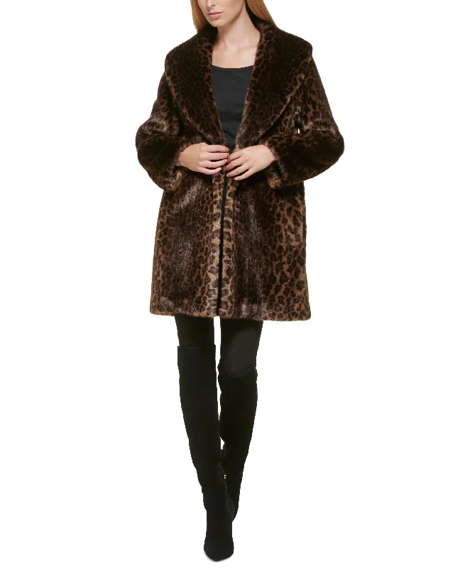 Donna Karen Women's Leopard-Print Shawl-Collar Faux-Fur Coat Trendy Boho Style Shawl Donna Karen Women's Leopard-Print Shawl-Collar Faux-Fur Coat Trendy Boho Style Shawl