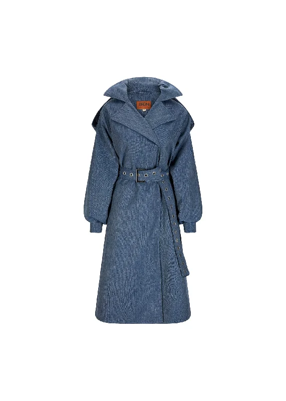 Duskregn Maxi Trench Coat - Denim Blue Trendy Cotton Trench Coat