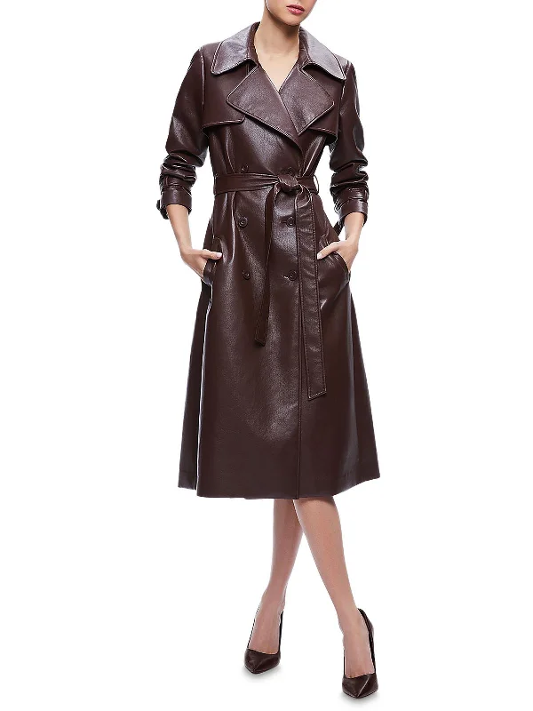 Elicia Womens Vegan Leather Double-Breasted Trench Coat Trendy Open Front Trench