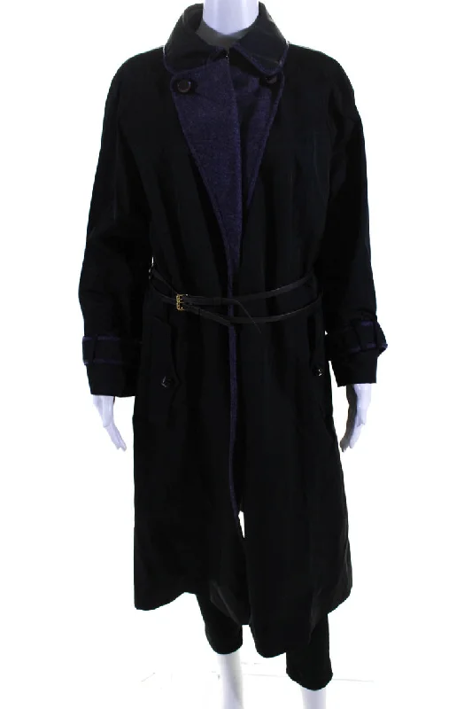 Escada Womens Button Down Trench Coat Black Purple Cotton Warm Waterproof Trench Coat