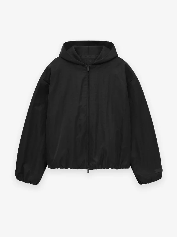 Womens Textured Nylon Hooded Bomber Hoodie with Rolled Sleeves Casual Relaxed