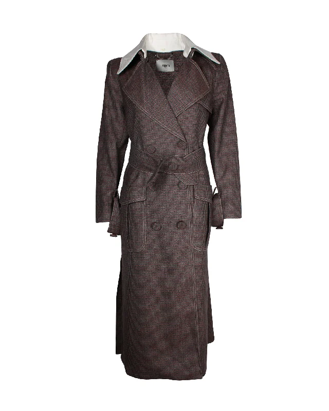 Fendi Gingham Trench Coat in Brown Virgin Wool Fashionable Cropped Trench Coat