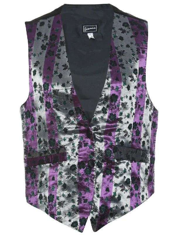 Floral Pattern Black & Purple Shiny Metallic Waistcoat - M Chic Open-Front Waistcoat Vest