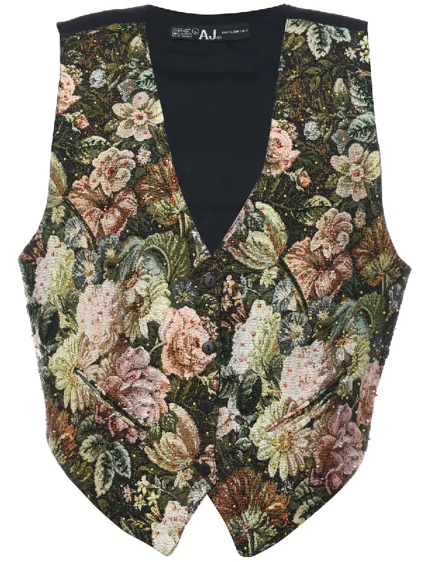 Floral Pattern Multi-Colour Tapestry Waistcoat - L Comfortable Faux Suede Waistcoat