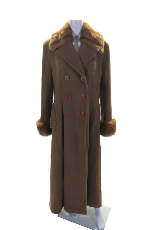Giuliana Teso Womens Fur Trim Buttoned Long Sleeve Trench Coat Brown Stylish Short Sleeve Trench