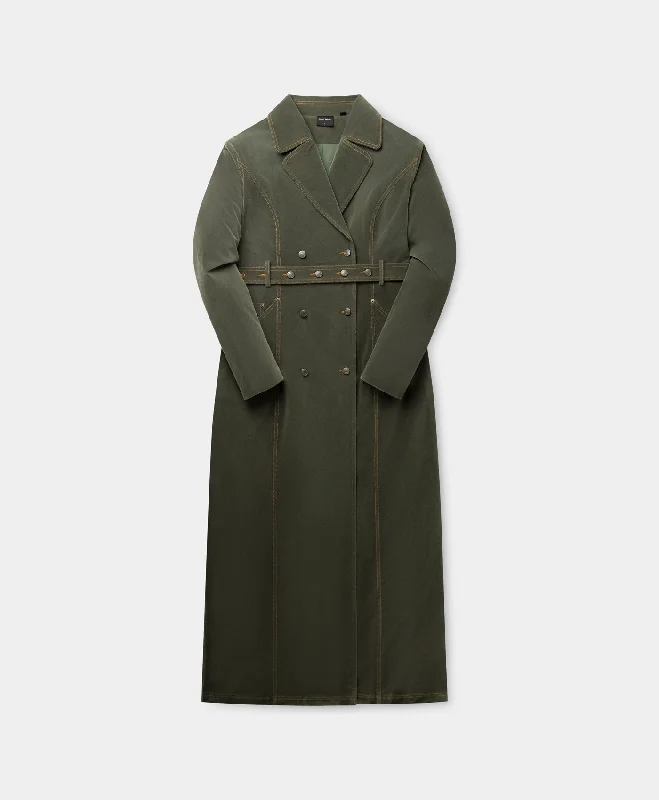 Green Miya Velvet Trenchcoat Modern Long Trench Jacket