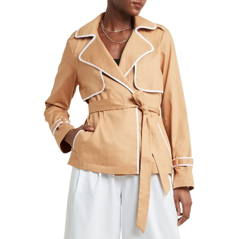 H Halston Womens Piping Cotton Trench Coat Warm Fleece Lined Trench
