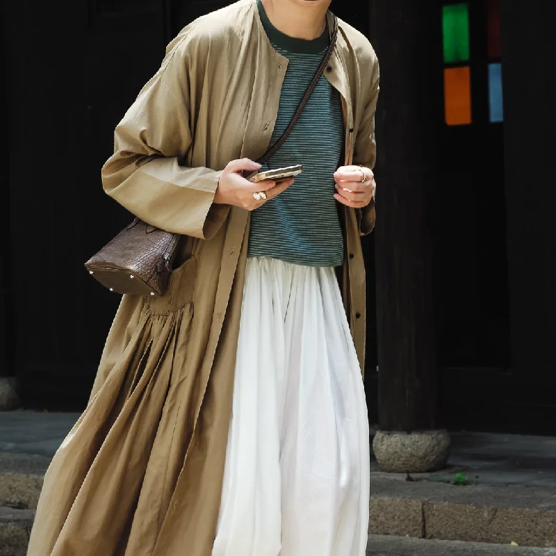 Handcrafted Pleated High-Count Cotton Chinese Style Women's Trench Coat Casual Oversized Trench Coat
