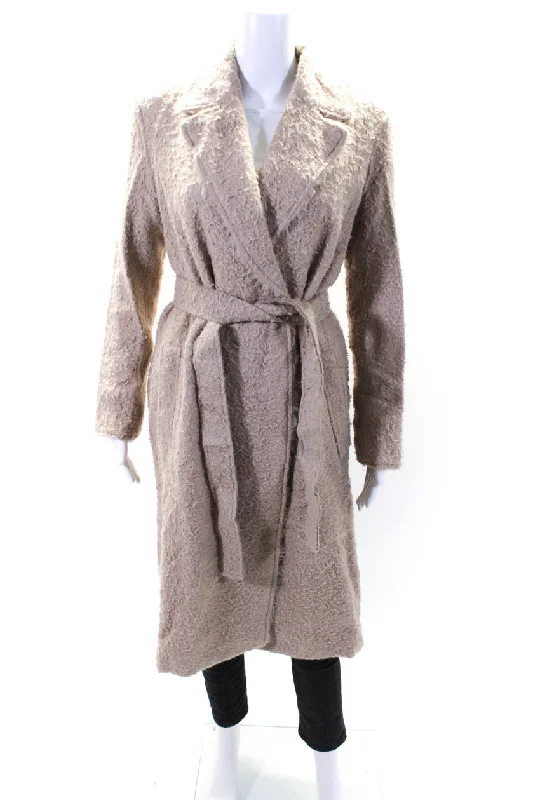 Helmut Lang Womens Fur Textured Collared Open Front Trench Coat Brown Stylish Full-Length Trench Coat