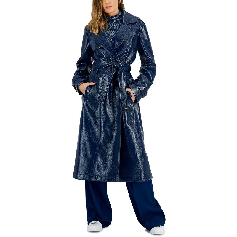 Hugo Womens Faux Leather Trench Coat Sleek Black Double-Breasted Trench