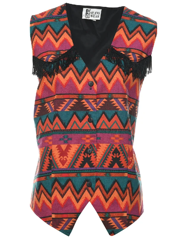 Ikat Pattern Multi-Colour Waistcoat - L Stylish Open-Front Waistcoat