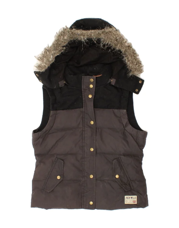 JACK WILLS Womens Hooded Padded Gilet UK 14 Large  Grey Colourblock Hoodie with Lace Feminine Delicate