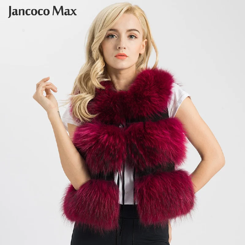 Jancoco Max 2019 Women Real Fur Vest Genuine Raccoon Fur Gilet Waistcoat Lady Winter Fashion 3 Rows Vest High Quality S1150SJ Classic Open-Front Waistcoat