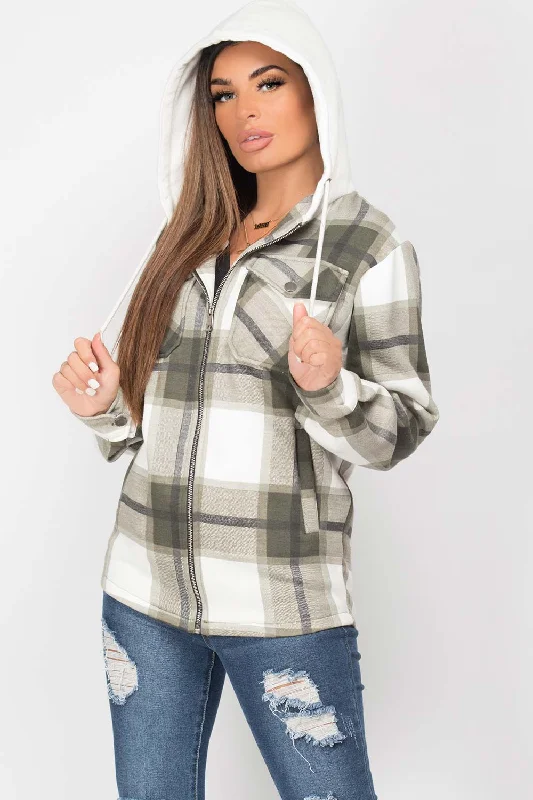 Khaki Check Hooded Shacket Hoodie with Zipper Versatile Modern