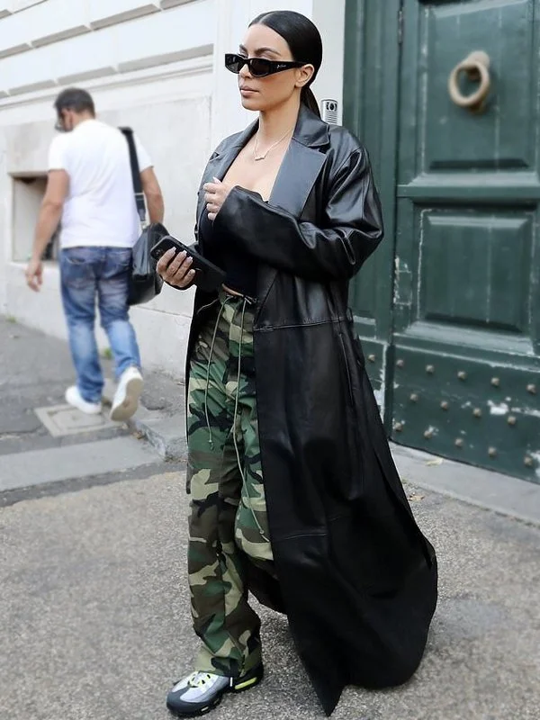 Kim Kardashian Black Leather Trench Coat Stylish Wool Blend Trench Coat