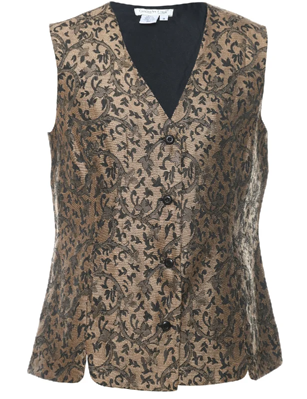 Leafy Print Black & Brown 1990s Waistcoat - S Trendy Faux Fur Waistcoat