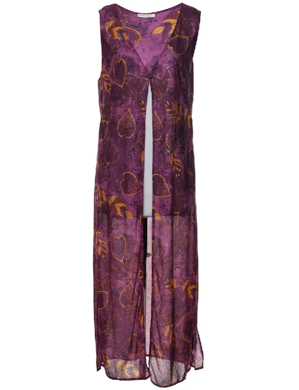 Leafy Print Purple Waistcoat - L Comfortable Knitted Waistcoat Vest