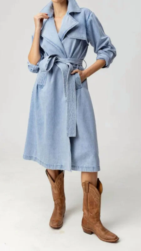 Long Sleeve Trench Coat In Denim Comfortable Belted Wool Trench