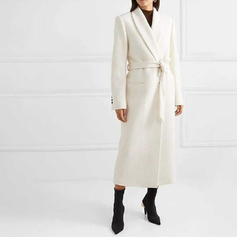 Monochrome Shawl Collar Long Sleeve Single Breasted Belted Wool Blend Coat Cozy Wool Shawl Scarf