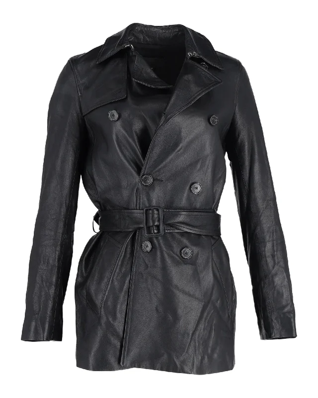 Nili Lotan Double-Breasted Trench Coat in Black Leather Fashionable Wide-Leg Trench