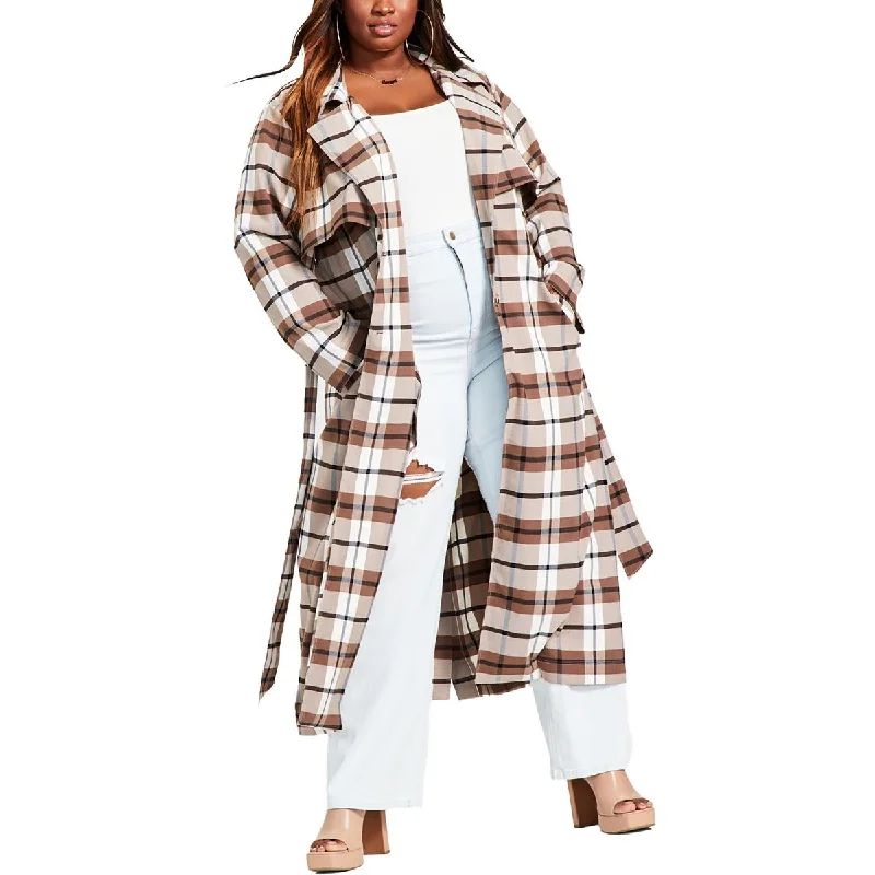 Nina Parker Womens Plus Plaid Long Trench Coat Trendy Hooded Belted Trench