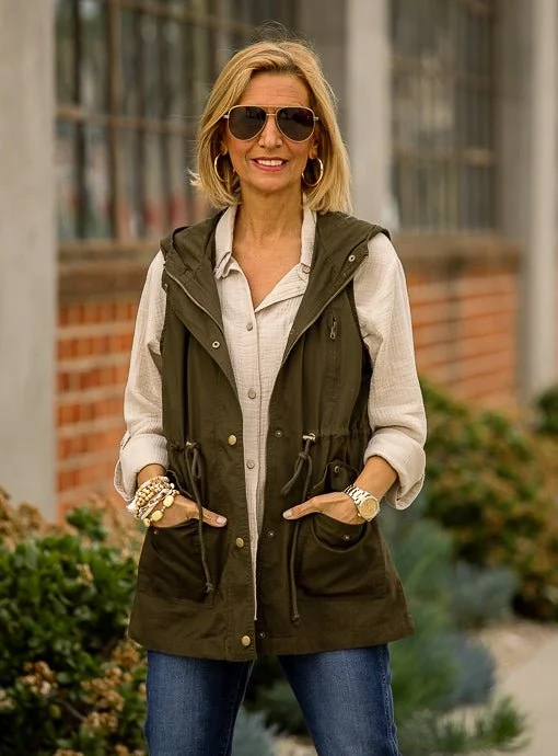 Olive Hooded Cargo Vest With Pockets Hoodie with Lining Warm Insulated