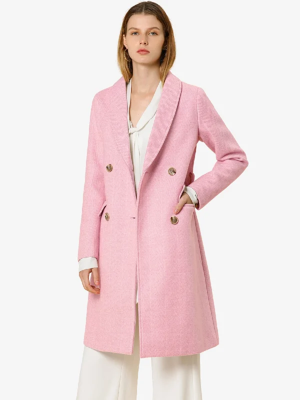 Double Breasted Shawl Collar Chevron Belted Long Winter Coat Comfortable Silk Shawl