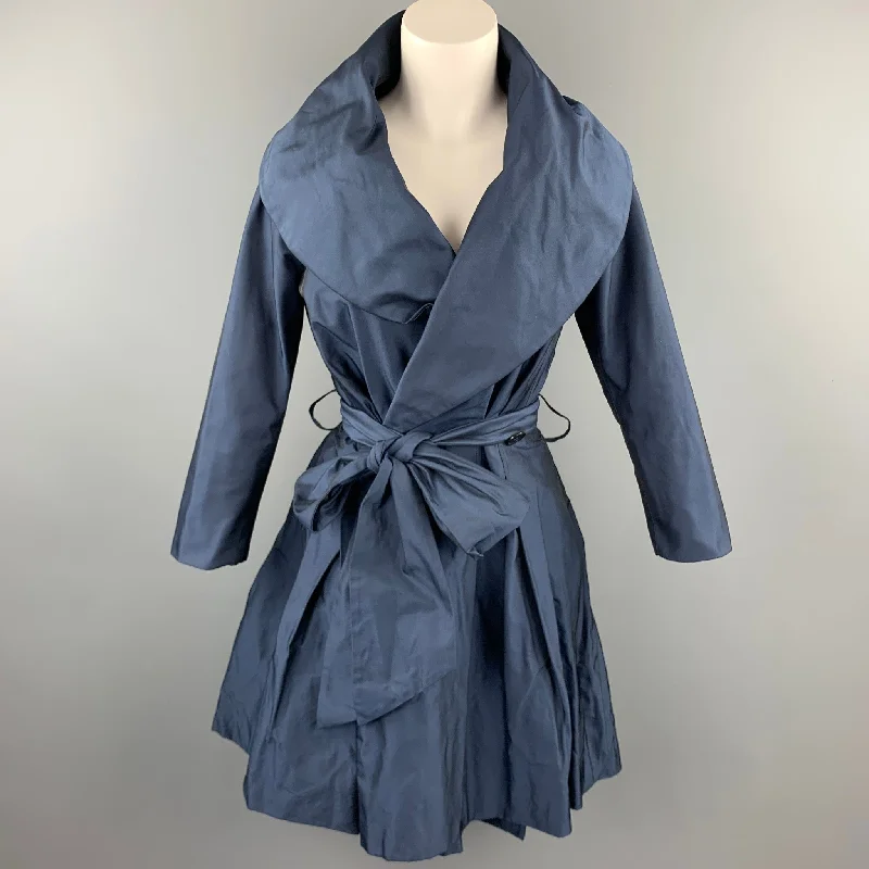 PAUW Size 0 Navy Polyester Shawl Collar Belted Coat Elegant Velvet Shawl Cape