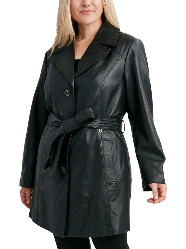 Plus Womens Leather Long Trench Coat Stylish Trench Coat with Pockets