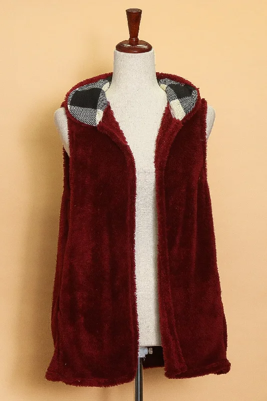 Red Faux Fur Plaid Hooded Vest Hoodie with Neon Bright Vibrant