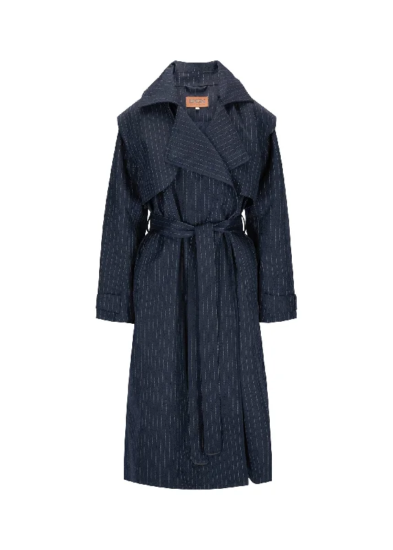 Regndråpe Trench Coat - Navy Pinstripe Fashionable Short Trench Jacket